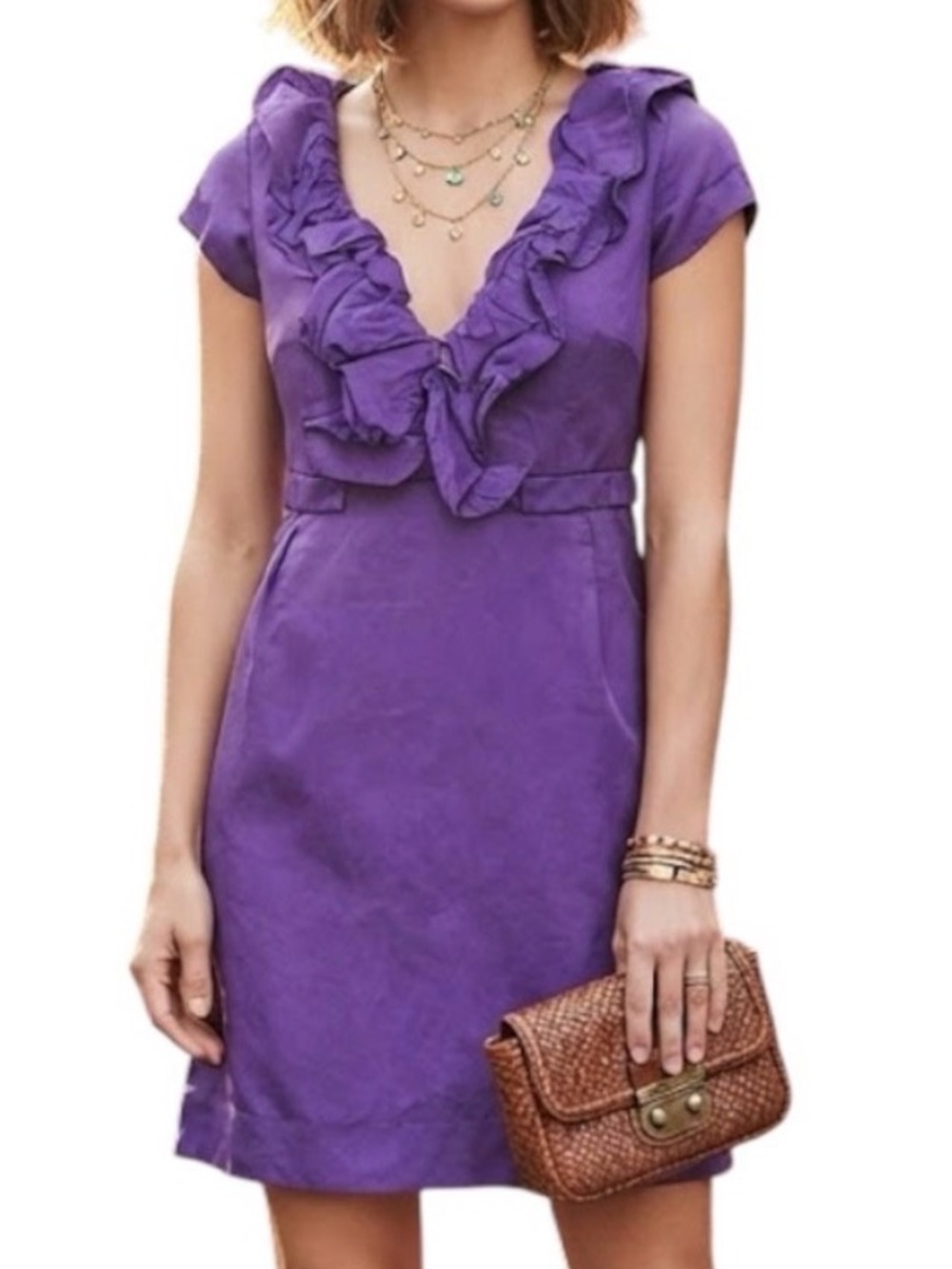REBECCA TAYLOR Purple 100% Silk Ruffle V-Neck Dress Coquette Bohemian 2